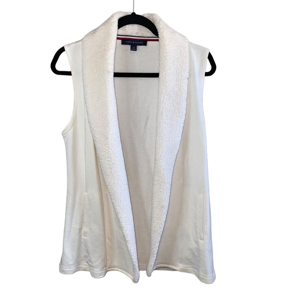 Tommy Hilfiger Cream Sherpa Lined Vest Small Cozy Open Front Fleece